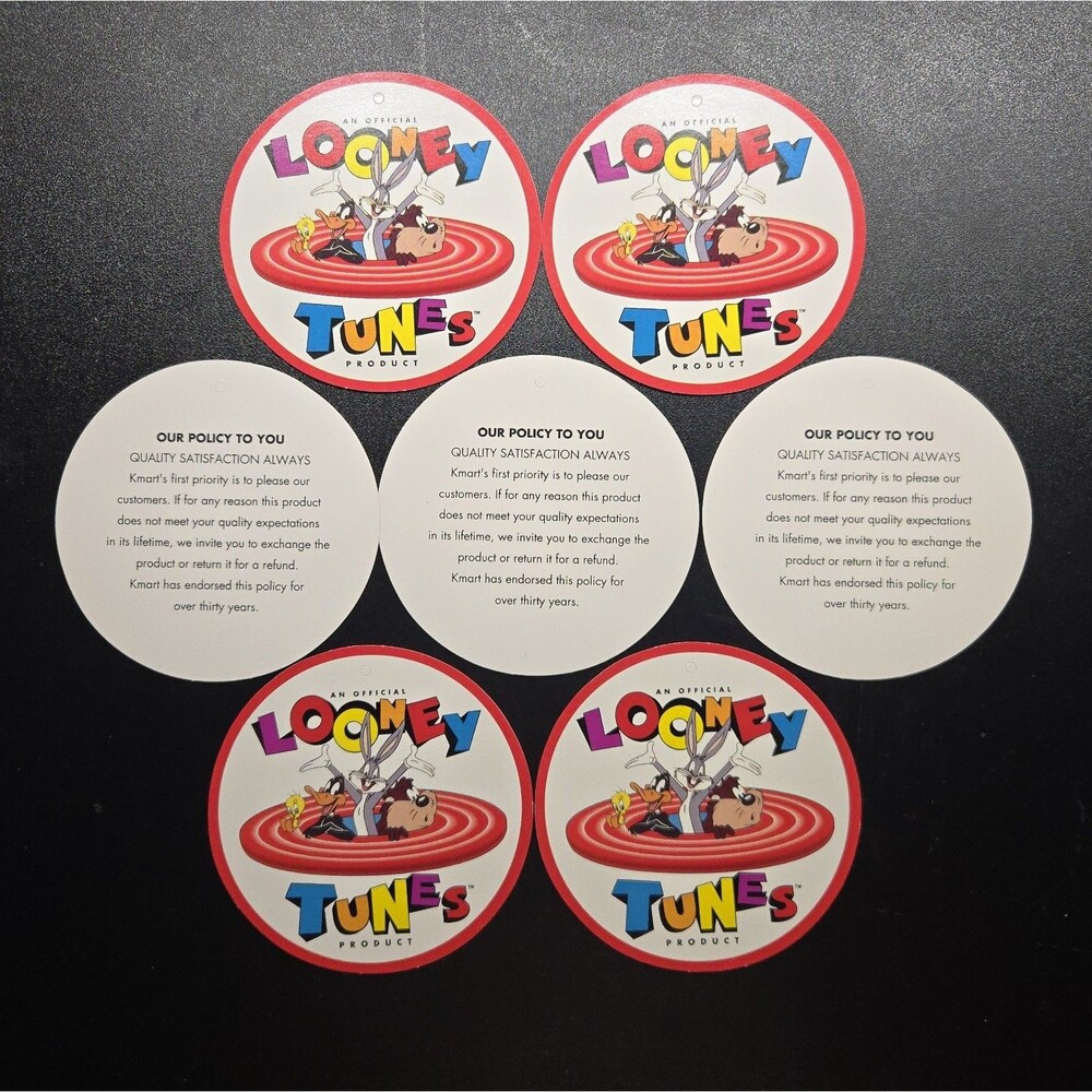 Vintage 90s Looney Tunes Round Hang Tags Lot of 7 Bugs Daffy Taz Kmart Policy